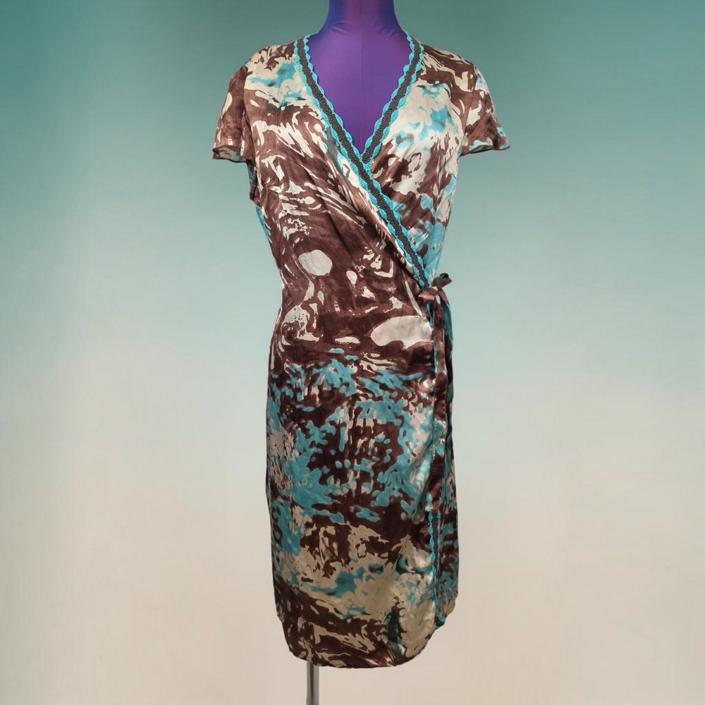 Aoyama Itchome Silk Wrap Dress Brown Turquoise Abstract Print Lace Trim Large
